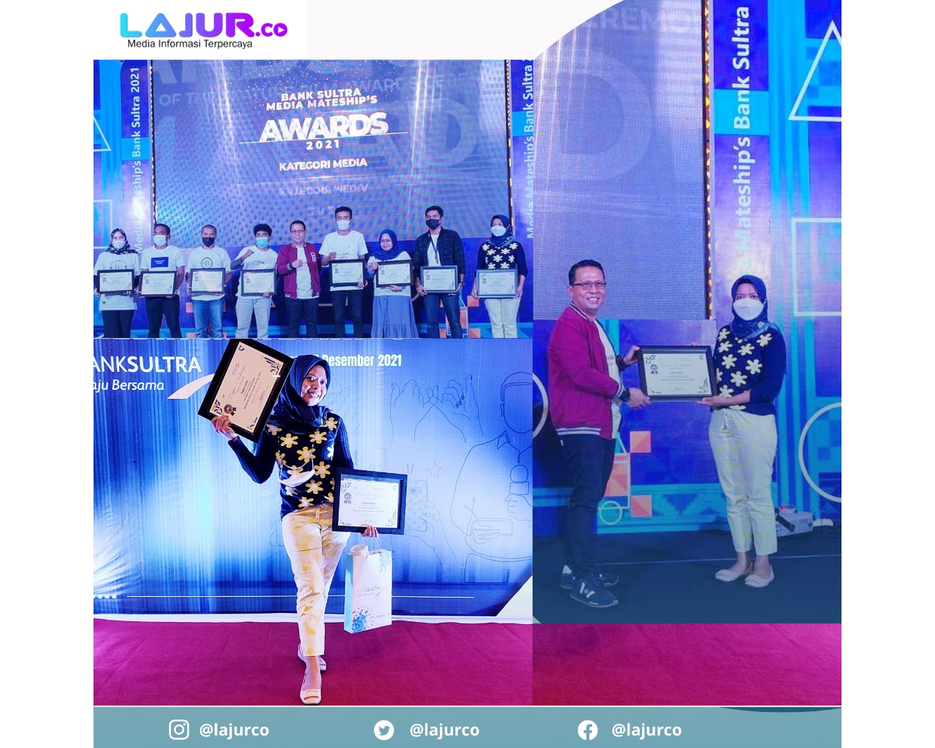 Media Online Lajur.co memboyong Ddua penghargaan sekaligus dari Bank Sultra dalam ajang Media Mateship's Award 2021 yang digelar di Hotel Claro, Senin (27/12/2021).
