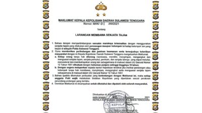 Maklumat Kapolda Sultra Soal Larangan Bawa Senjata Tajam : Ancaman Penjara 10 Tahun
