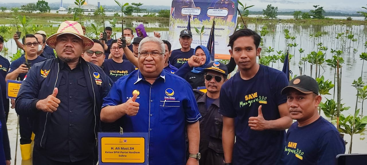 Ketua DPW NasDem Sultra, Ali Mazi menanam mangrove di Teluk Kendari.
