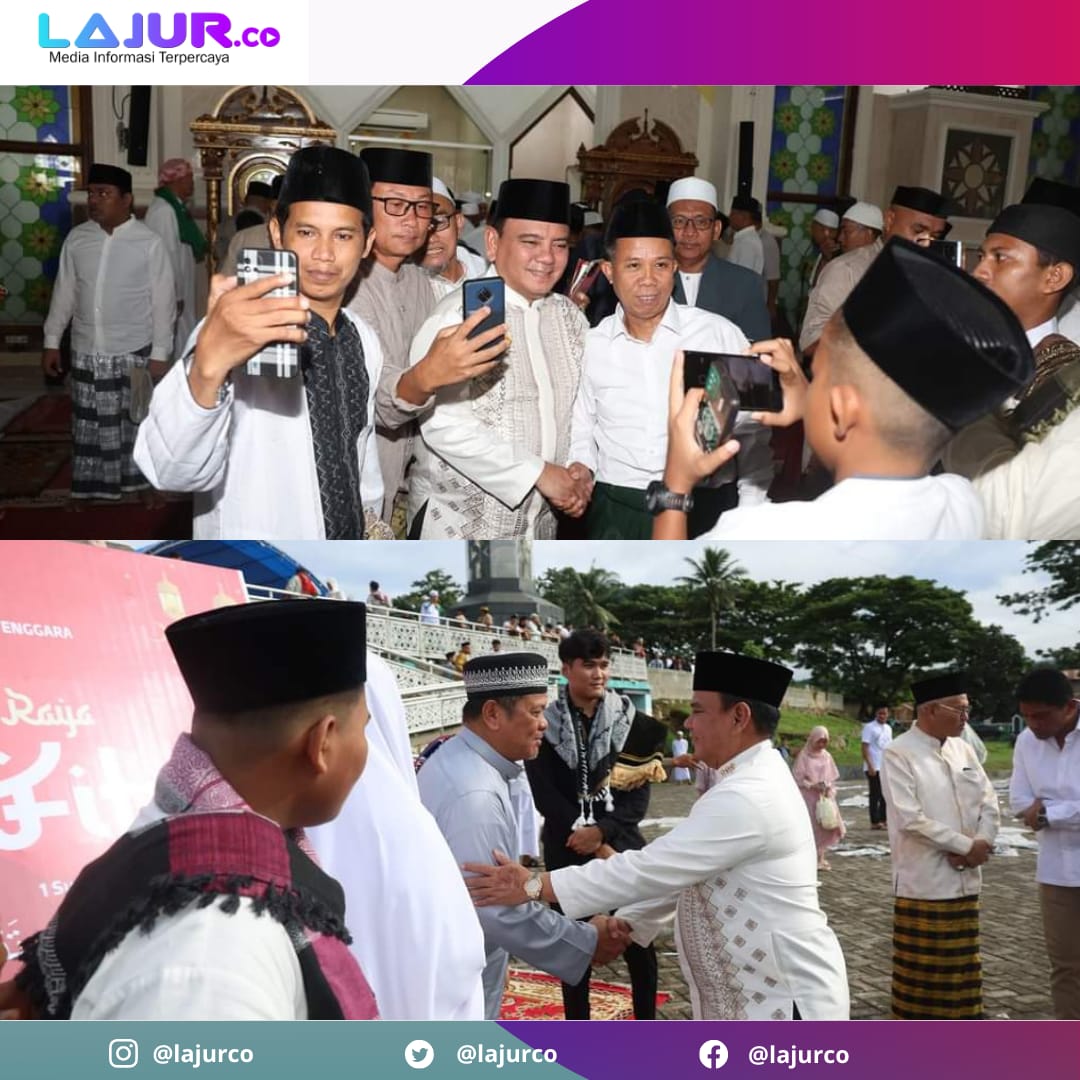 Ketgam: Pj Gubernur Sultra Andap Budhi Revianto melayani jamaah yang bersalaman hingga ber-selfie usai salat Ied di Masjid Raya Al-Kautsar Kendari, Rabu (10/4/2024).