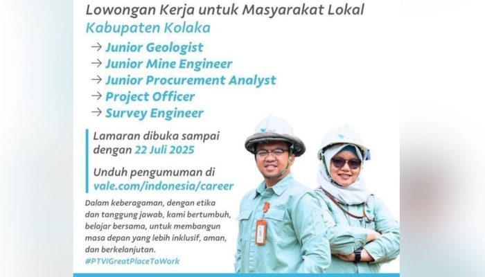 Buruan Daftar ! PT Vale Buka Lowongan Kerja Bagi Warga Kolaka Untuk Lima Posisi Strategis