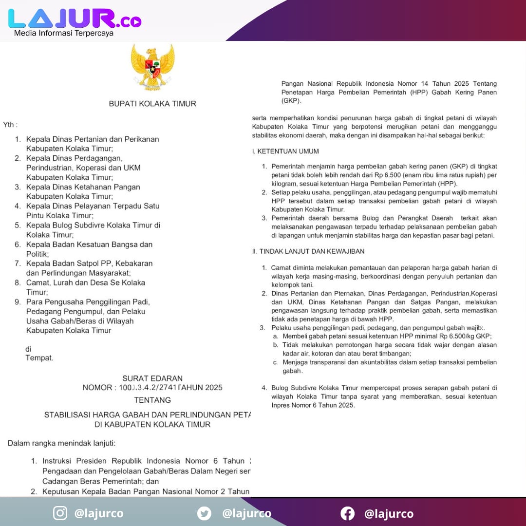 Surat Edaran Plt Bupati Koltim bertujuan menjaga stabilitas harga gabah dan perlindungan petani tahun 2025.