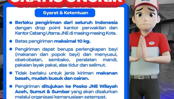 JNE Gratiskan Ongkir Bantuan Bencana Sumatera Berlaku Nasional 1-10 Desember 2025