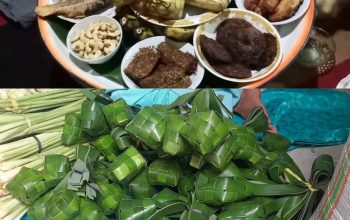 Anyaman Ketupat dari bahan daun pandan (bawah). Panganan Lapa-lapa terbuat dari anyaman daun kelapan muda yang tersaji di dulang (atas)
