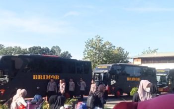 Para peserta Mudik Gratis yang diselenggarakan Polda Sultra bersama BEM UHO diberangkatkan dari Kota Kendari menuju Pulau Muna, Selasa (17/3/2026).