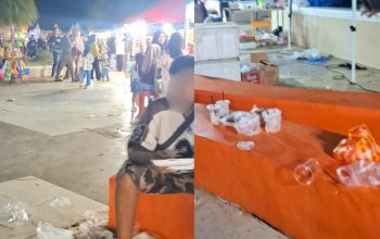 Sampah bekas makanan berserakan di kawasan kuliner baru Tugu Religi. Padahal pemerintah siapkan sejumlah titik tong sampah di area tersebut.