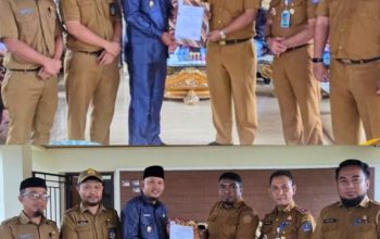 Ketgam: Wakil Walikota Kendari, Sudirman, didampingi Sekda Kota Kendari Amir Hasan dan Sekretaris BKPSDM Kota Kendari menyerahkan SP Plt Lurah Poasia dan Talia, Senin (15/6/2026).